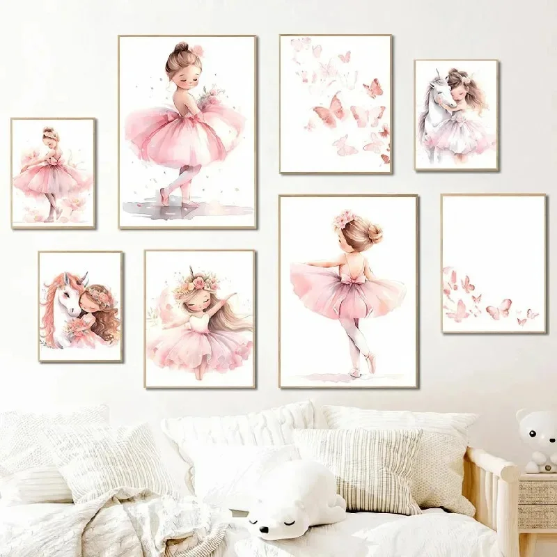 Baby Nursery Girl - Różowy Plakat z Baletniczką, Jednorożcem i