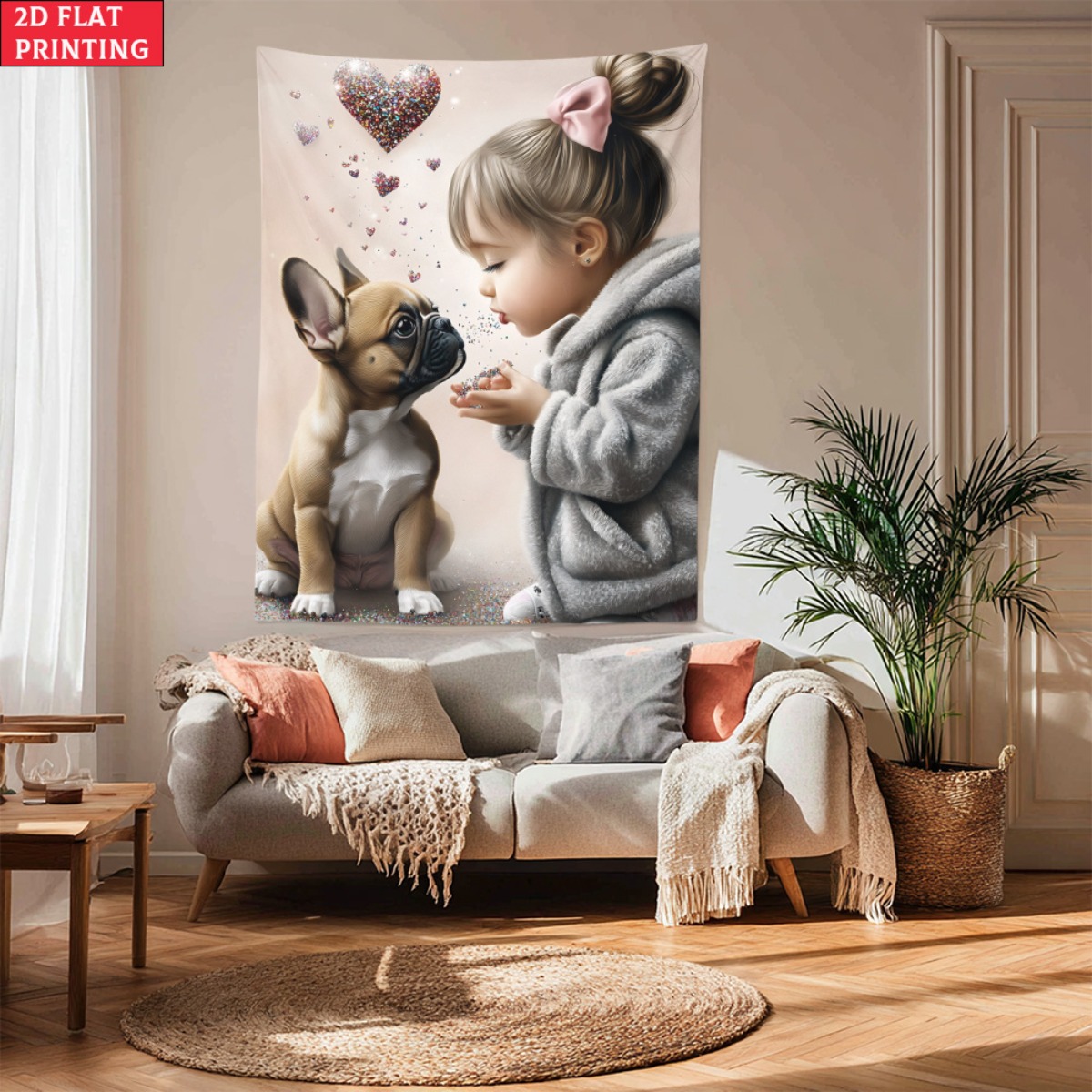 Baby Nursery Girl - Dziewczyna z szczeniakiem buldoga francuskiego, gobelin
