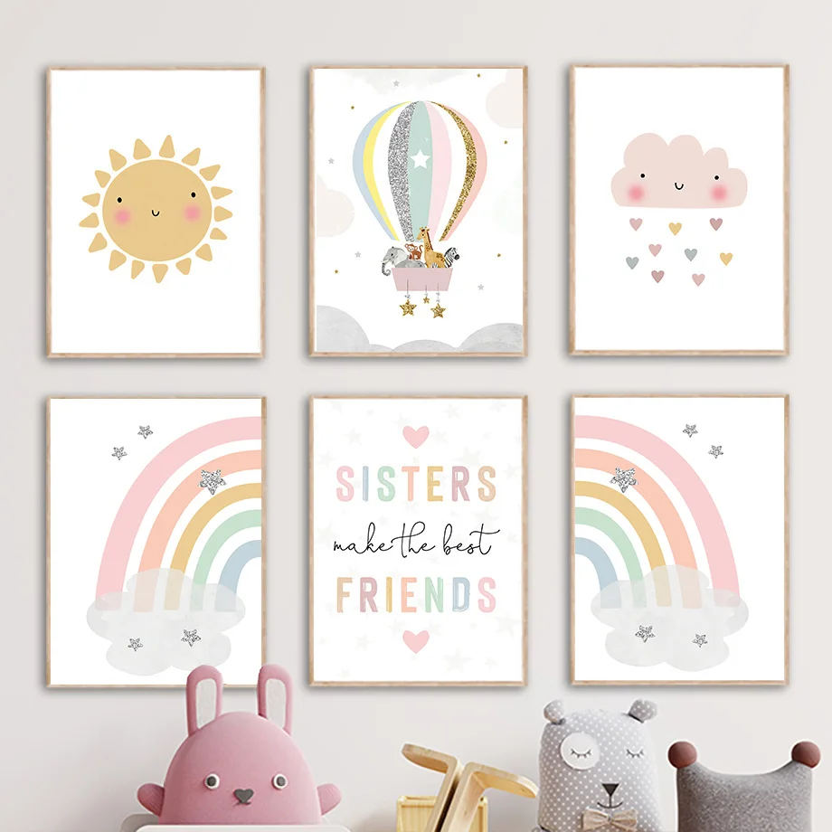 Baby Nursery Girl - Żyrafa Słoń Balon Słońce Tęcza Plakaty