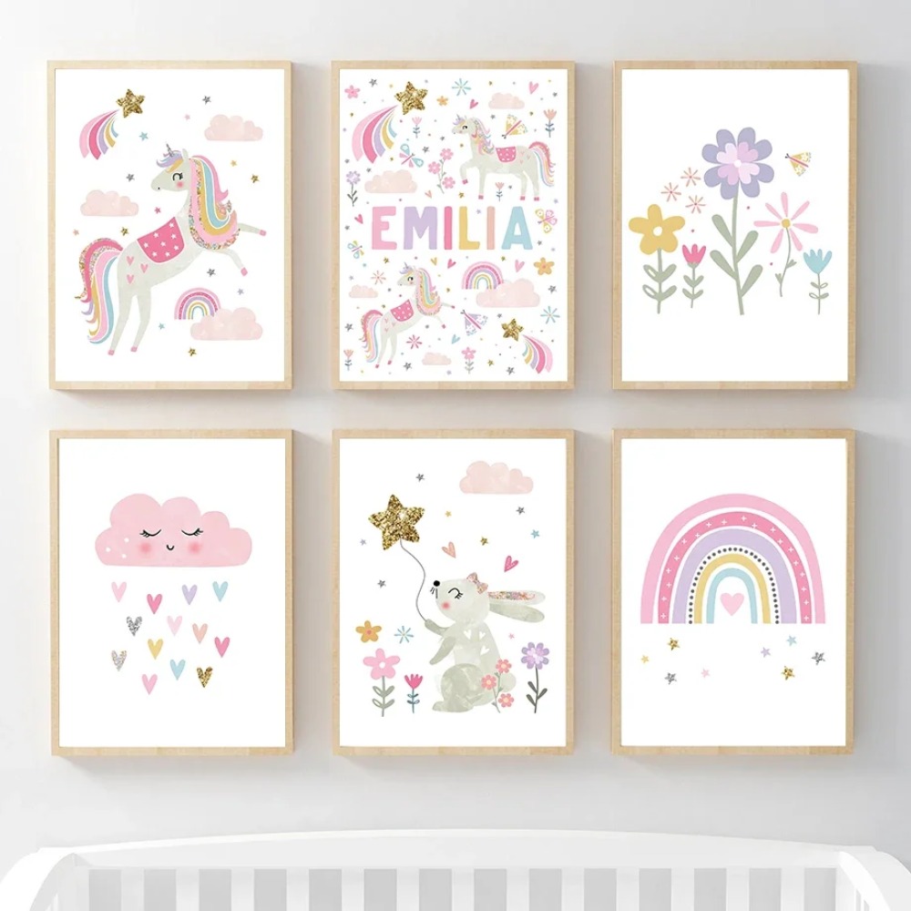 Baby Nursery Girl - Różowy Jednorożec Królik Tęcza Chmura Kwiaty